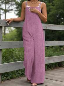 EMERY ROSE Plus Size Denim Effect Textured Square Collar Casual Jumpsuit - Dusty Pink - View 6