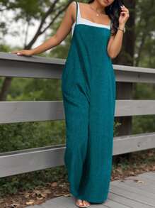 EMERY ROSE 大码牛仔效果纹理方领休闲连体裤，适合室内和室外