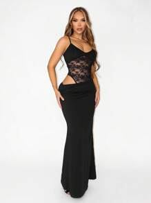 Sirith Women's Fashionable Sexy Elegant Lace Two Pieces , Suitable For Spring, Summer, Autumn Party Wear - Black - View 1