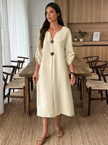 Louniche Ladies' Retro Autumn Decorative Wooden Button Dress - Light Yellow - View 3