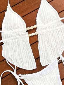 Swim SXY Women's Summer Solid Color Jacquard Fabric Bandeau Tie-Strap Backless Bikini Set, Sexy Cute Girl's Beach Swimwear - White - View 3