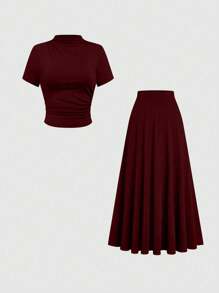 Velvienne 2pcs/Set Women's Commute Ruched Knit Burgundy Short Sleeve Top And Loose Long Skirt Set, Plus Size, Spring/Summer