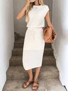 Easowa 女士 2 件套休闲纯色纹理 T 恤裙套装，春夏日常基本款两件套女士度假装女士短款上衣套装