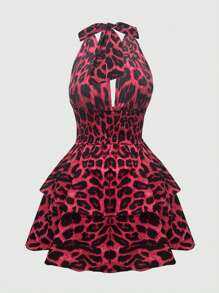 Sweetra Plus Size Women Leopard Print Drawstring Waist Short Dress - Red - View 2