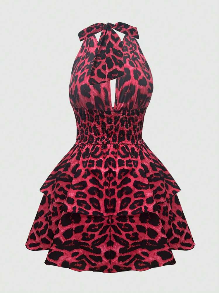 Sweetra Vestido corto con estampado de leopardo y cordón en la cintura para mujer de talla grande - Rojo - Añade 2