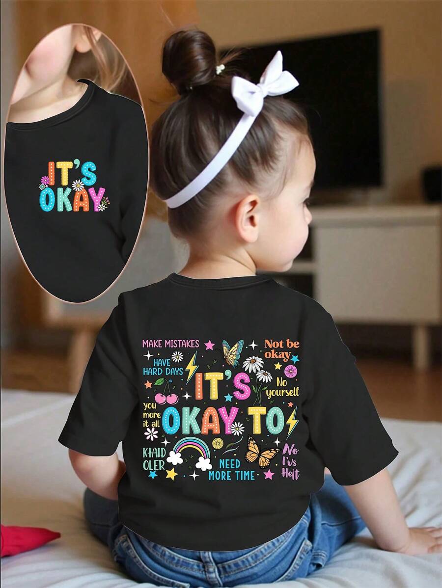 年轻女孩“没关系”彩虹、蝴蝶、星星、雏菊、樱桃印花圆领短袖可爱黑色 T 恤