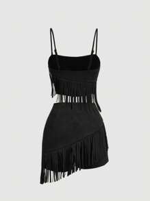 SHEIN MOD Women's 2pcs Black Suede Fringe Set, Music Festival Outfit, Western Style - Black - View 2