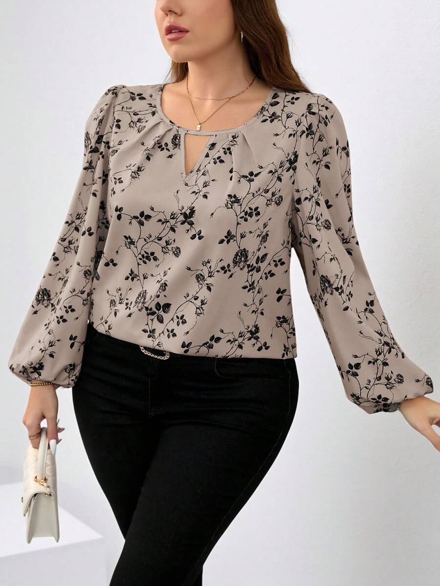 SHEIN Clasi 大码女式优雅花卉印花锁眼领长袖衬衫 - 棕色 - 查看 1