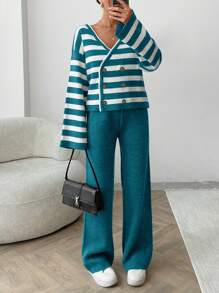EURMUSE Women Stripe Pattern Front Button V-Neck Drop Shoulder Cardigan & Sweater Pants Set - Green - View 5