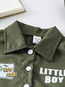 SHEIN Playful Pals 男婴休闲户外套装，前开领衬衫，印有可爱动物和口号，裤子带口袋，包括渔夫帽