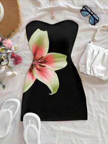 INAWLY Women Floral Print Slim Fit Summer Tube Top Mini Dress - Multicolor - View 3