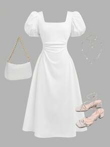 SHEIN Girlism 青春期女孩返校可爱甜美纯白色中长连衣裙，优雅时尚，适合典礼、派对和所有场合 - 白色 - 查看 1