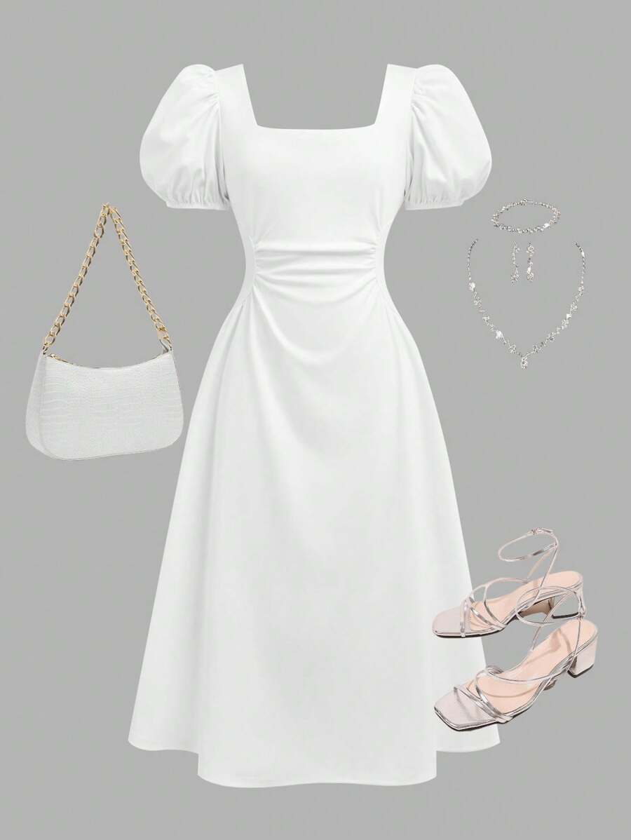 SHEIN Girlism 青春期女孩返校可爱甜美纯白色中长连衣裙，优雅时尚，适合典礼、派对和所有场合 - 白色 - 查看 1