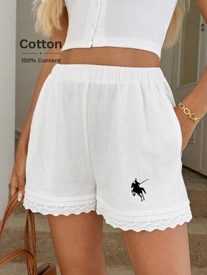 Easowa Teacher White Women Casual Shorts With Elastic Waist And Embroidered Ruffle Hem, Knight Riding A Horse Embroidered Pattern, Suitable For Daily Leisure, Vacation Attire, Romantic And Cute White Shorts All White Party Back To School Business Professional Women Sweet Pants