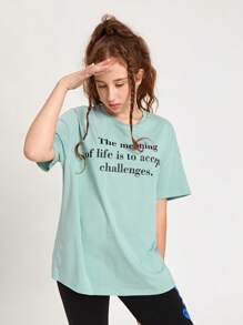 SHEIN Teen Girls Drop Shoulder Slogan Graphic Tee - Mint Green - View 5