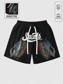 ROMWE MEN Street Life Quần short rộng in họa tiết ngọn lửa và kim cương cho nam - màu đen - Xem 1