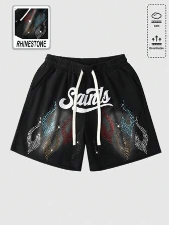 Street Life Pantalones cortos sueltos para hombre con estampado de llamas y diamantes desgastados