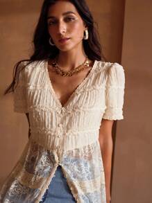 MOTF PREMIUM 对比色蕾丝纽扣罩衫 - 卡其色 - 查看 2