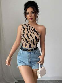 Selianne Summer New Arrival Women Top With Sexy Asymmetrical Neck, Ruffle & Asymmetrical Geometric Print - Khaki - View 3