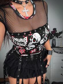 Whyspr Grunge Punk Plus Size Punk Skull Print Sheer Mesh Patchwork Short Sleeve T-Shirt, Summer