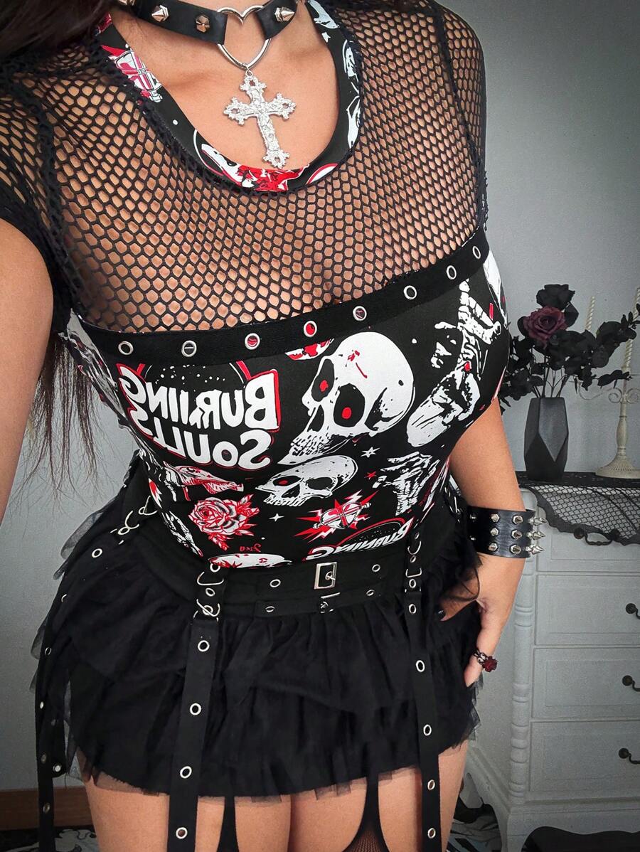 Whyspr Grunge Punk Plus Size Punk Skull Print Sheer Mesh Patchwork Short Sleeve T-Shirt, Summer