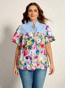 SHEIN LUNE Plus Size Women's Light Blue Summer Boho Vacation Holiday Striped Floral Patchwork Lace Collar Blouse,Lantem Sleeve Mushroom Collar Tops - Multicolor - View 4