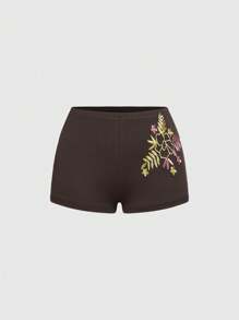 ROMWE Hippie 女式度假风格刺绣露背褶饰上衣和短裤两件套 - 棕色 - 查看 3