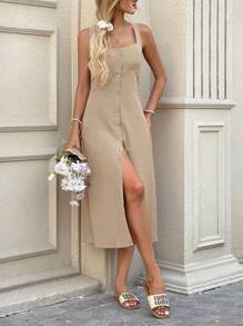 Easowa 方领褶皱胸罩杯高开衩后背系带蝴蝶结腰部 A 字中长连衣裙，休闲度假优雅女士街头服饰，采用棉质面料 - 杏色 - 查看 4