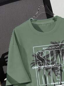 SHEIN Camiseta de manga corta y cuello redondo minimalista informal para adolescentes, apta para el verano - Verde militar - Ver 3