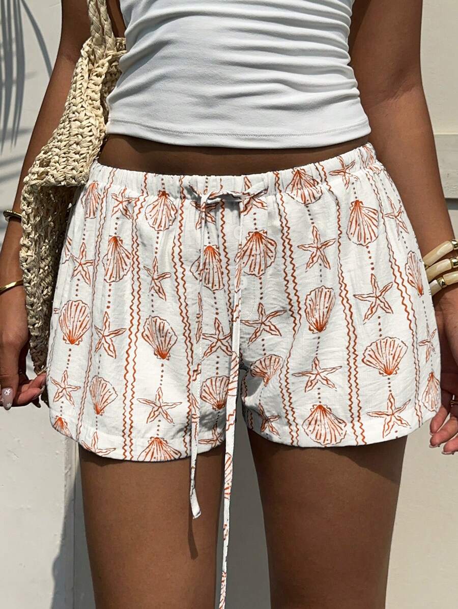 Aloruh Women's Ocean Shell & Starfish Striped Button Single-Breasted Waist Tie Shorts, Spring/Summer - Orange - View 1