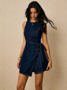 Poéselle 新款女士牛仔工装裤和连体裤裹身式侧腰系带无袖连体裤秋季服装深蓝色法式优雅约会服装