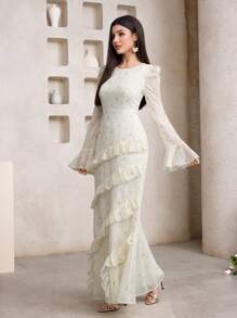 Veilorie Đầm Ả Rập dài tay cổ bèo nhún thanh lịch cho nữ - Màu vàng - Xem 5