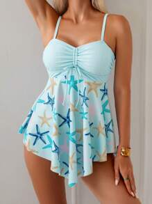 SHEIN Swim 2 pezzi Completo da donna estivo con canotta corta e bikini, stampa a stelle marine, decorazione fiocco, per vacanze e spiaggia