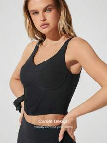 GLOWMODE FeatherFit™ Corset Crush 心形领口可拆卸罩杯束身衣款式运动背心低冲击瑜伽普拉提 Barre Studio 日常休闲装 - 黑色 - 查看 3