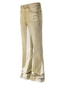 ROMWE MEN Grunge Punk Men's Street Life Patchwork Distressed Insert Pocket Skinny Fit Flared Leg Jeans - Khaki - View 1