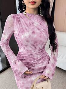 Feyla 女士花卉印花褶皱长袖连衣裙 - 紫色 - 查看 4