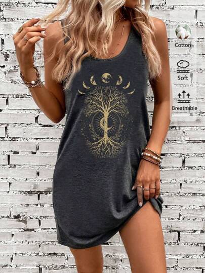 SHEIN LUNE Mandala Star Moon Tree Retro Pattern, Tarot Mysticism Inspired Casual Minimalist Sleeveless Dress, Suitable For Summer Holidays, Music Festivals, Beach, Boho Boho Summer Dress Women Summer Casual Dress Tank Top Dresses For Women Women Vacation Dress Tree Of Life Dress Suitable For Going Out Chic Dress