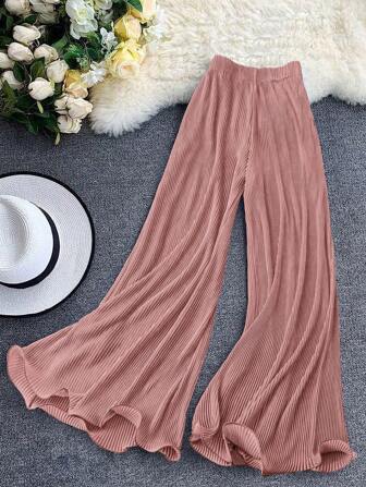 DreamSkyne Plus Size Solid Color Elastic Waist Casual Wide Leg Pants
