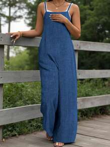 EMERY ROSE Tuta casual con colletto quadrato a effetto di tela di jeans, di taglia comoda, adatta per uso domestico e all'aperto