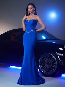 Glamrae 迷人、优雅、精致、时尚、青春、蓝色、缎面、露肩、加厚胸围、褶饰紧身胸衣、美人鱼裙，适合单身派对、婚礼嘉宾、音乐节、度假、正式舞会、晚礼服 - 寶藍色 - 查看 2