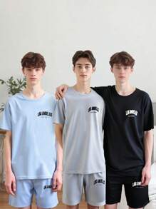Set de 6 piezas de pijama para adolescentes varones con camisa de manga corta con estampado de letras en inglés y pantalones cortos en combinación de colores negro/gris/azul