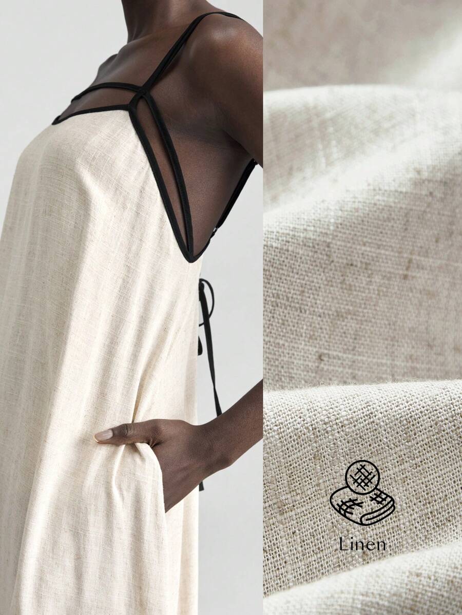 Ontre Damen Leinen Exklusivkleid für alle Jahreszeiten, lässiges Pendelkleid mit Träger und Rückenausschnitt, schwarzes Trägerkleid