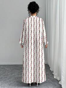 Modelyn Women's Floral Print Notched Neck Elegant Long Sleeve Dress - White - View 2