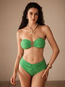 Anewsta Spiral Metal Accent Asymmetrical Bandeau Bikini Set For Summer Beach Vacation - Green - View 3