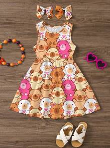 Vestido con estampado de animal de dibujos animados lindo de capibara, tono de color suave, vestido informal sin mangas de largo medio adecuado para el verano, armonía de color moca, camina con estilo, listo para graduación, temporada de vacaciones, ponte elegante, camina con estilo