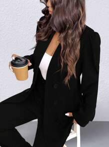 SHEIN Clasi Women's Simple Office Lady Style Long Sleeve Jacket & Pocket Design Pants Suit Set, Versatile For Commuting Fall Cloth For Women - Black - View 4