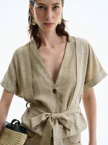 Aalyst Women's Casual V-Neck Button Decor Linen Patchwork Bodysuit - Apricot - View 5