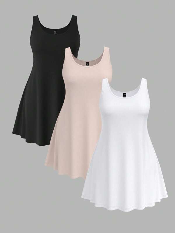 SHEIN BASICS 3 Stücke/Set Große Größen Einfarbig gestricktes A-Linien Kleid mit Rundhalsausschnitt