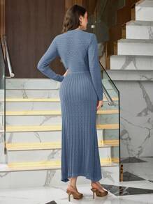 Modelyn Đầm len cổ tròn dài thanh lịch cho nữ - Màu xanh bụi bặm - Xem 2