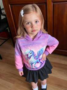 Young Girl Casual Dreamlike Purple Gradient Tie-Dye Unicorn Print Hooded Long Sleeve Sweatshirt, Suitable For Spring And Autumn Fall Winter - Purple - View 1